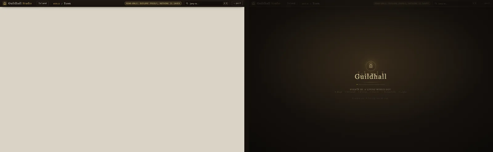 Two screenshots of the same page at 504 ms after navigation: on the left a blank pale canvas under the top bar, on the right a dark cover with the Guildhall crest and a list of loading stages