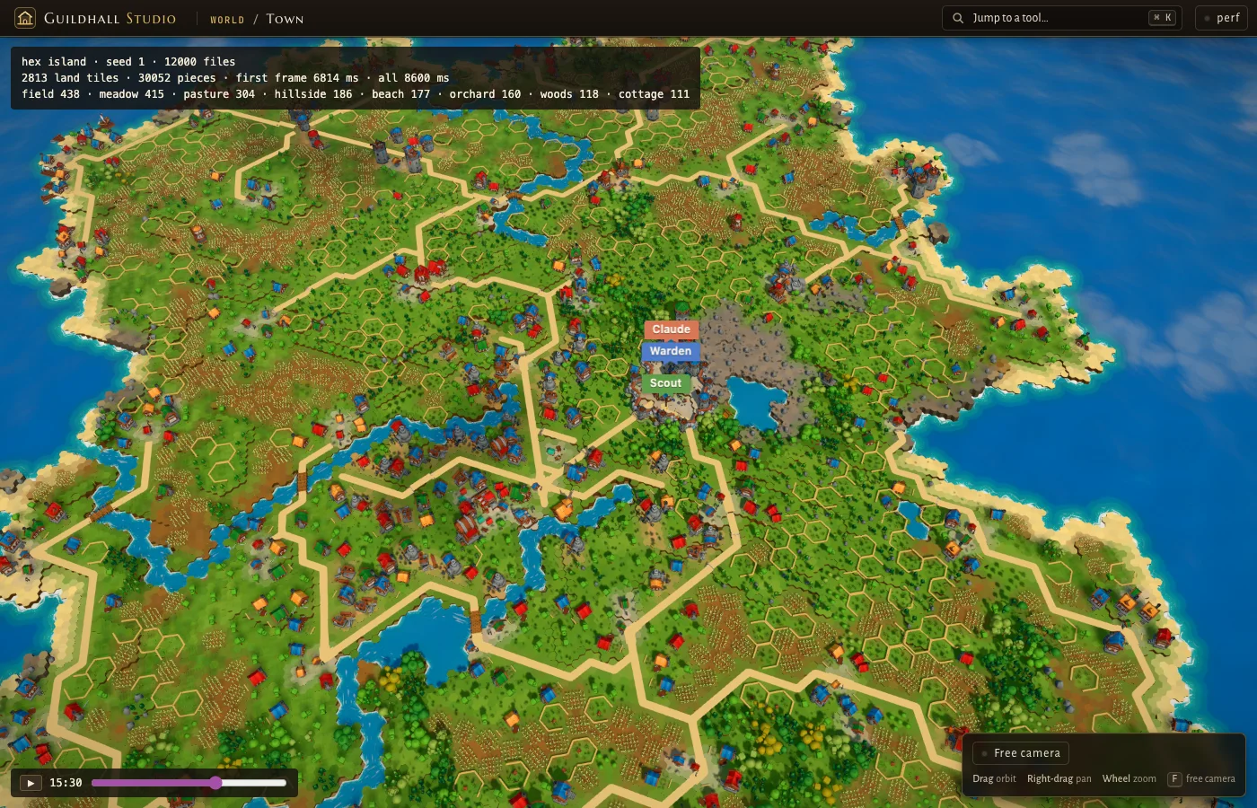 A 12,000-file hex island seen from above: thousands of houses, fields, rivers and roads, with an overlay reading 2813 land tiles and 30052 pieces