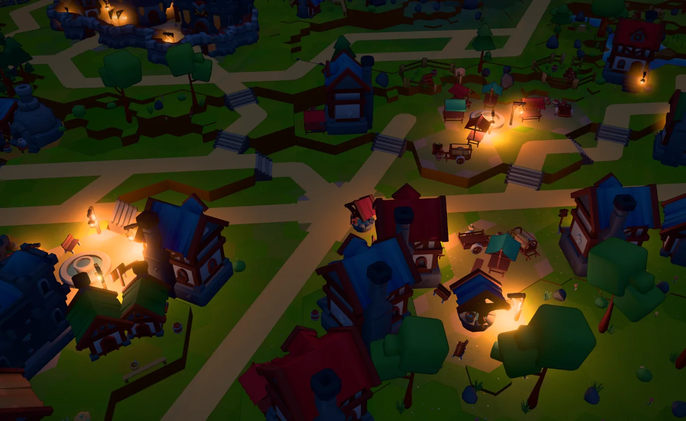 The town at dusk with lamps and windows lit