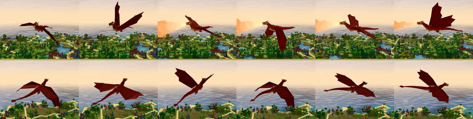 Two strips of six frames each: top, the old dragon with wings in symmetric flapping poses breathing fire in most frames; bottom, the new dragon gliding, banking and beating with its tail following
