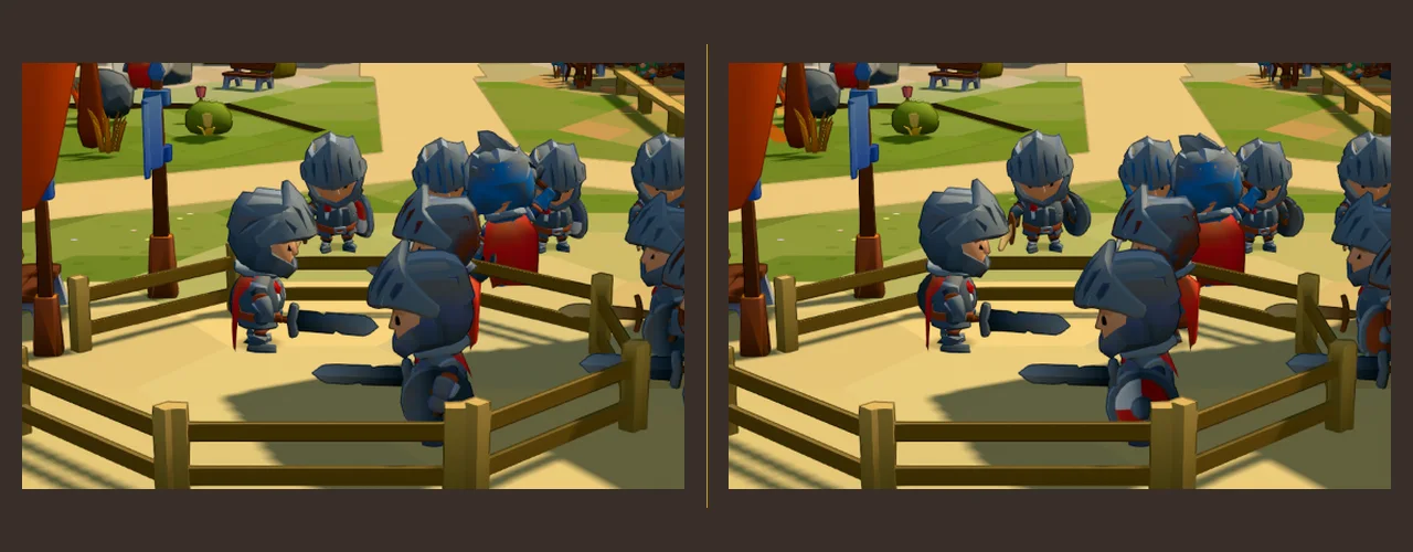 Two crops of the same training arena: before, a duel pair stands so close their helmets nearly overlap; after, the pair stands a sword's reach apart with the shield facing the attacker