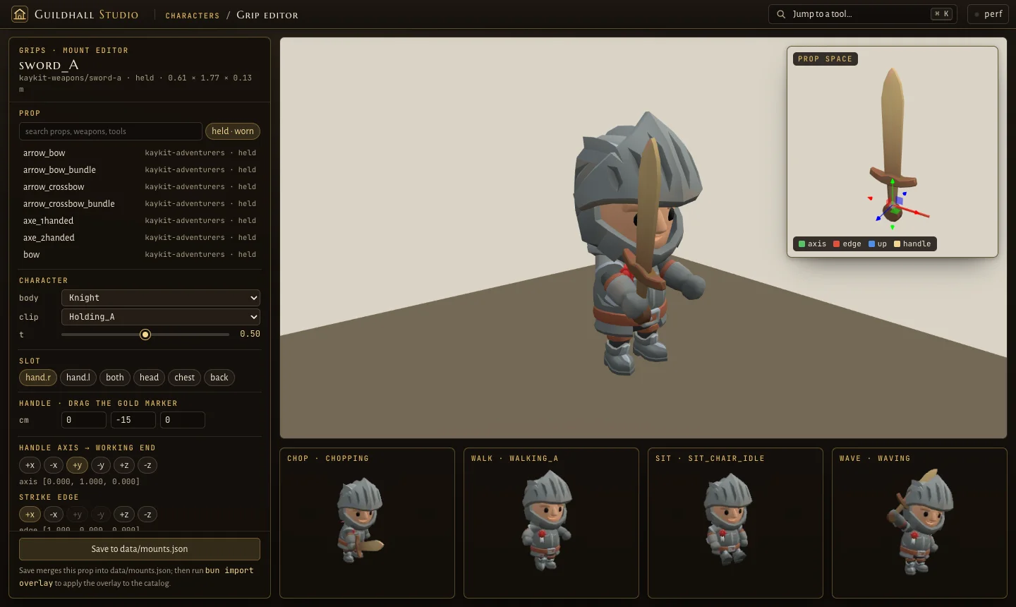 The Guildhall Studio grip editor: a knight holding a sword, a prop-space inset showing the axis, edge, up and handle markers, and four small previews of the knight chopping, walking, sitting and waving