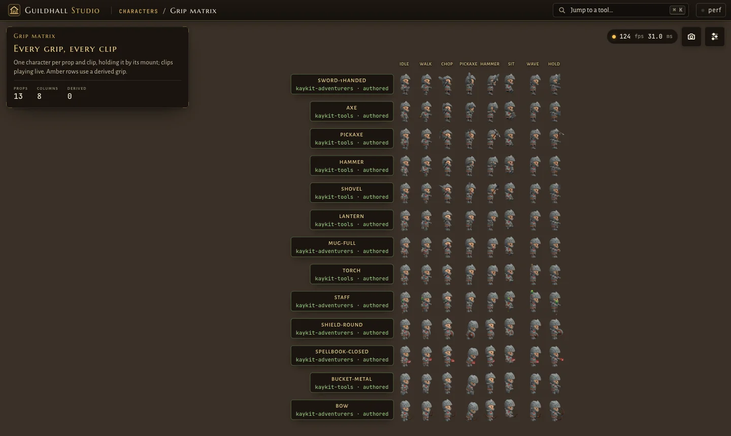 The grip matrix: 13 rows of props (sword, axe, pickaxe, hammer, shovel, lantern, mug, torch, staff, shield, spellbook, bucket, bow) by 8 columns of clips, each cell a small knight holding the prop