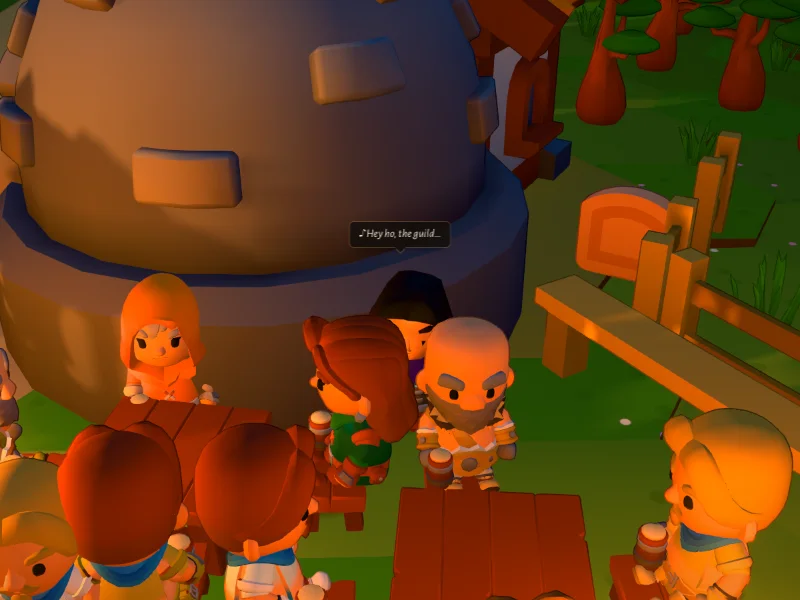 A bard and patrons in a beer garden by a stone tower, a speech bubble with a line of song
