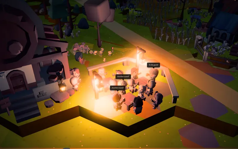 A wide view of a lit beer garden beside a tavern at night, patrons crowded round tables with speech bubbles