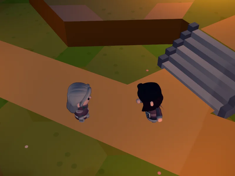 Two townsfolk standing face to face on a path, chatting