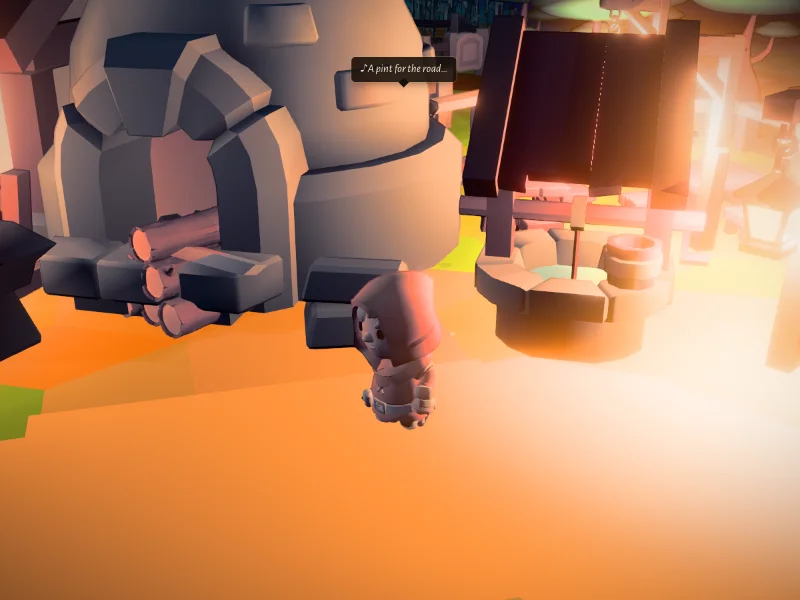 A townsperson walking home at night past a forge, a speech bubble saying A pint for the road
