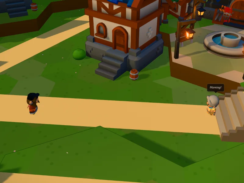 Two townsfolk far apart on a road, one with a speech bubble saying Morning