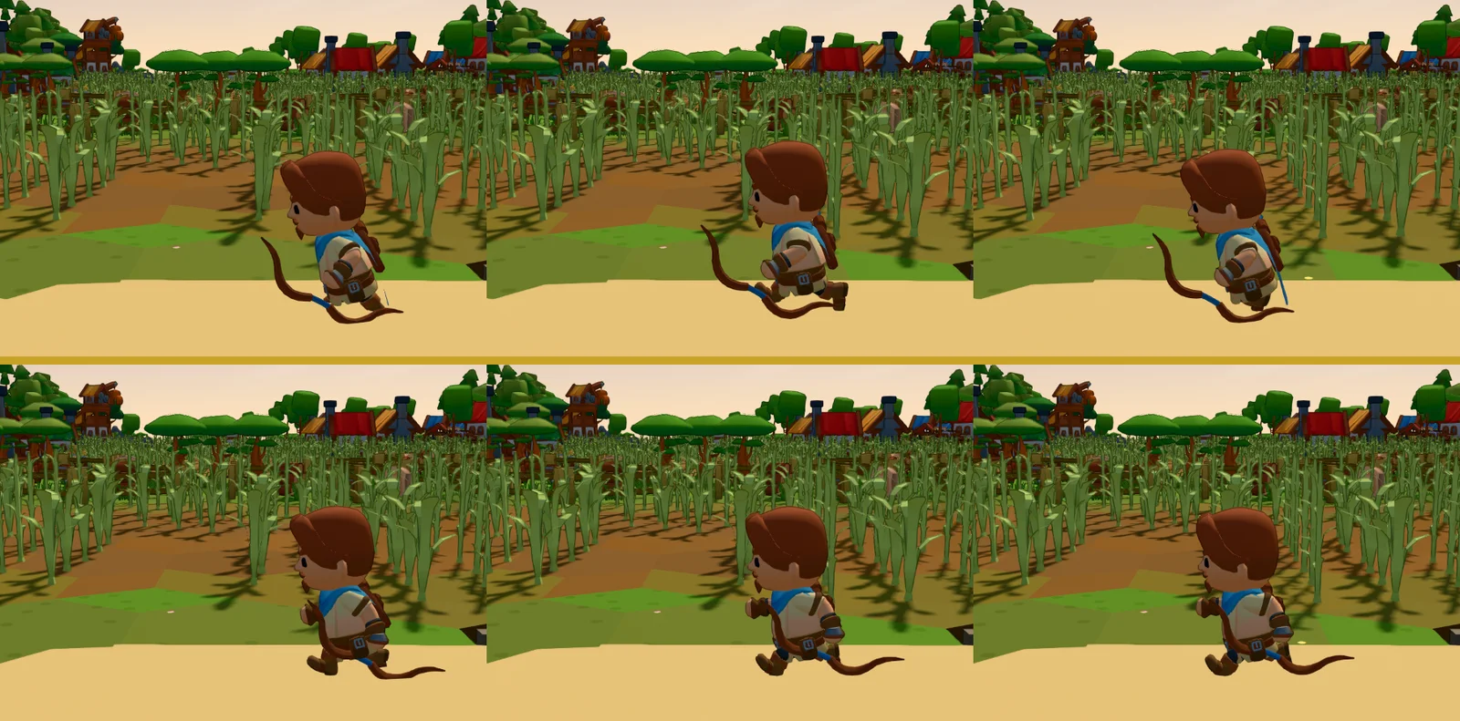 Two rows of three frames of the same archer hero running through a cornfield at 7 m/s: top row in the short run clip, bottom row in the long-striding sprint clip