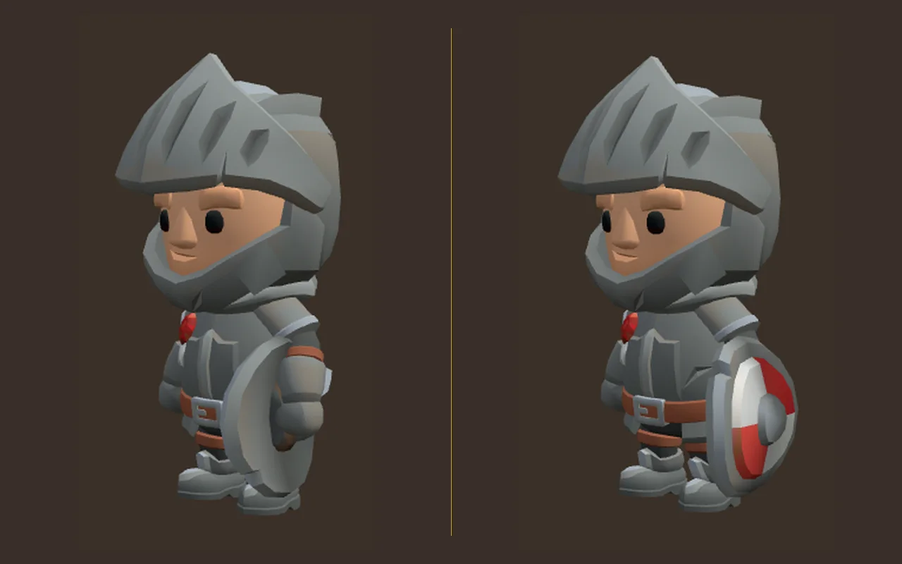 A knight standing idle: before, the shield is turned in toward the body; after, it sits flat on the outside of the forearm