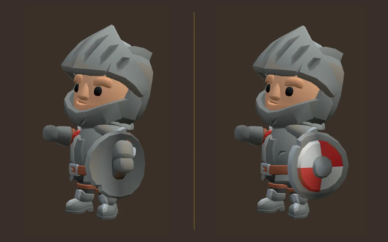 A knight chopping with a sword: before and after, the shield on the other arm turns its face outward