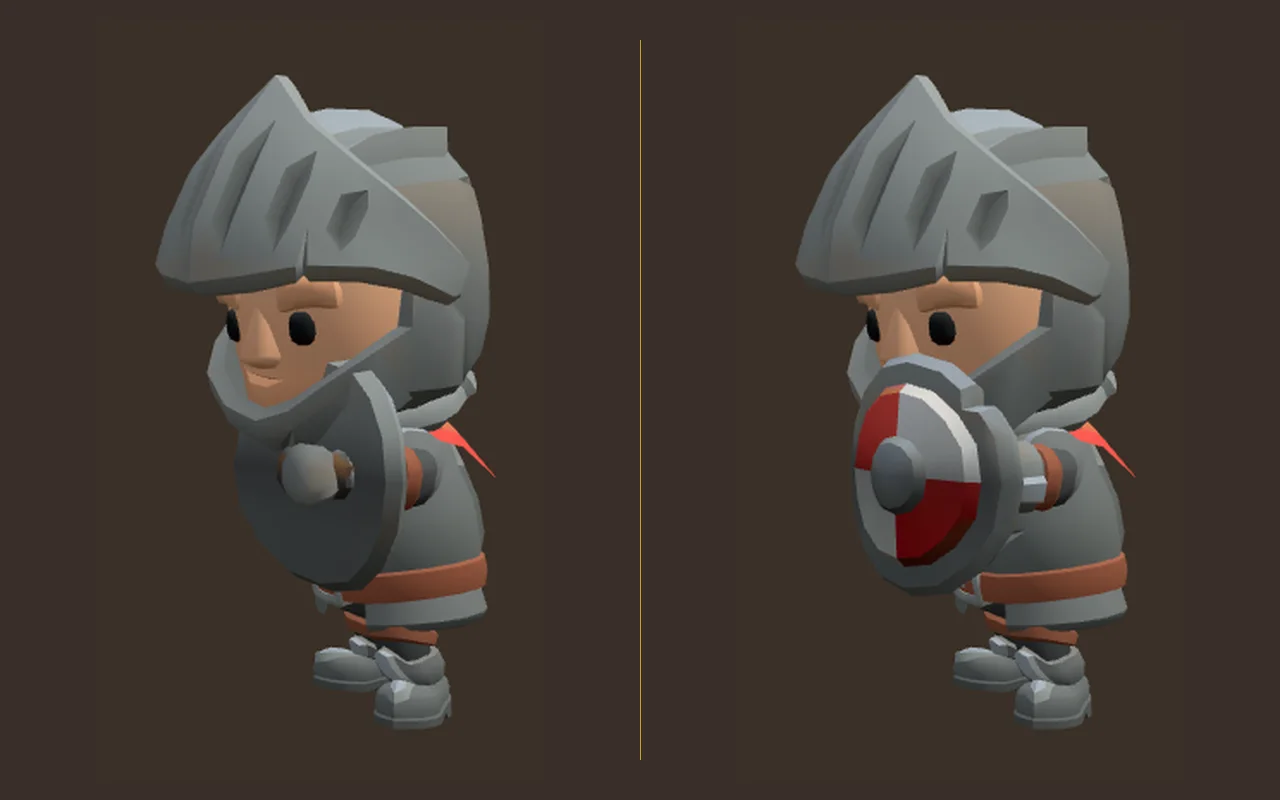 A knight blocking: before, the bare grey back of the shield faces out; after, the red and white face faces out