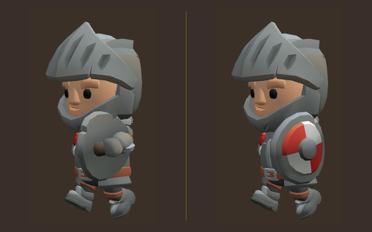 A knight walking: before, the shield back faces out; after, the painted face faces out