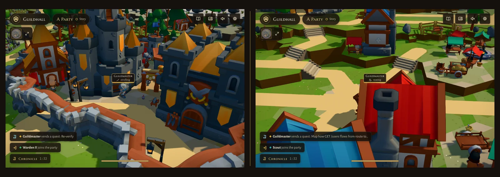 Two frames of the demo story A Party: left, at the end of the story the Guildmaster is strolling by the castle; right, sixty seconds later he has walked off and his chip says resting