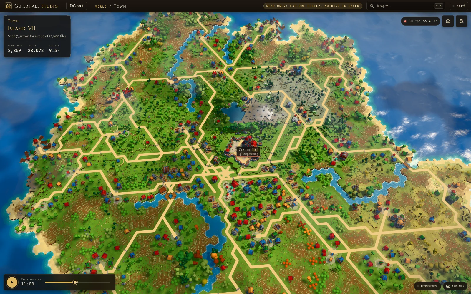Island VII grown for 12,000 files: 2,809 land tiles filling the frame, the lake and castle still in the same spot