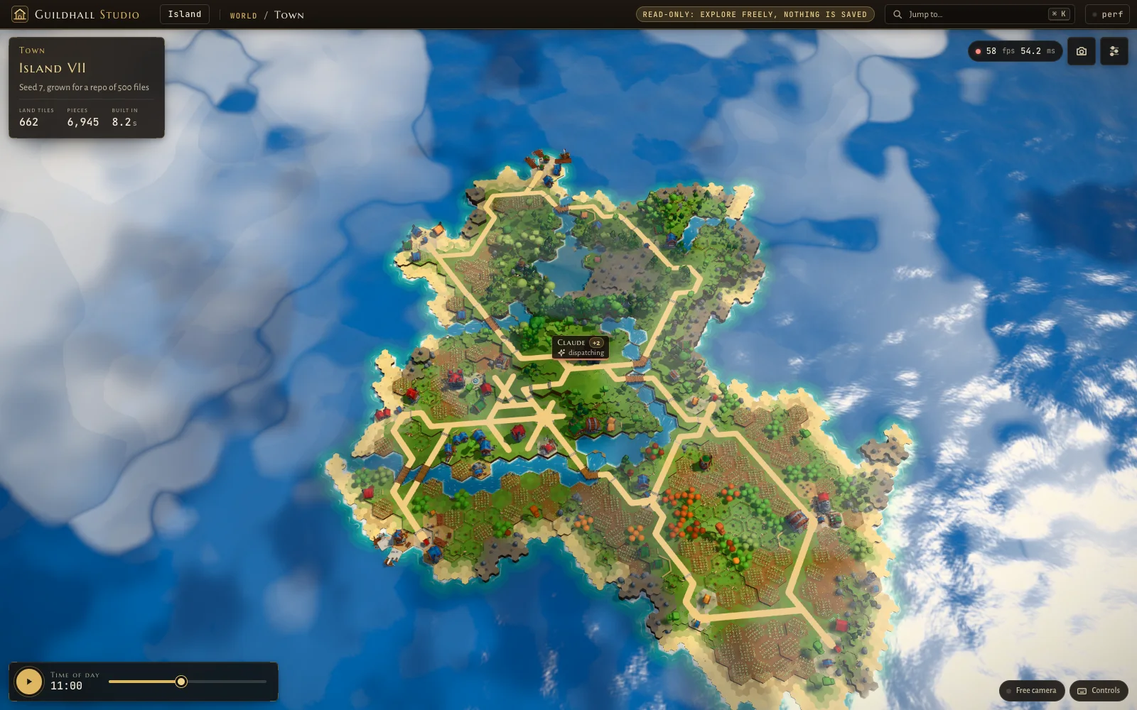 Island VII grown for a repo of 500 files: 662 land tiles, a small island with a lake and a castle in the middle