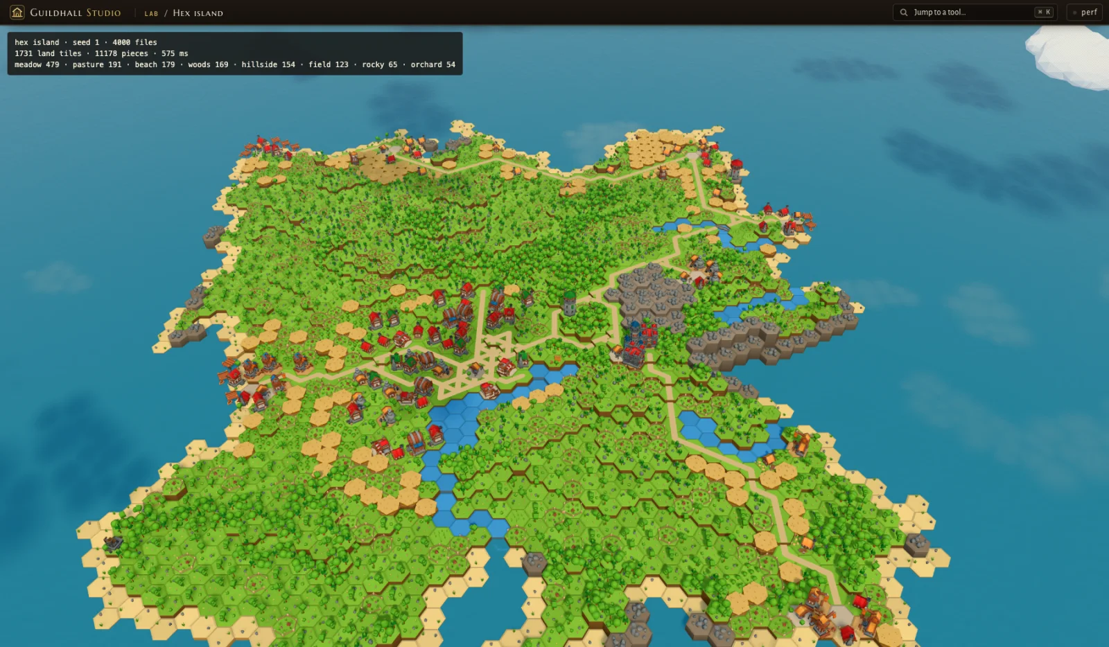 An early hex island: almost every tile covered in small bright green trees, with a few villages lost in the green