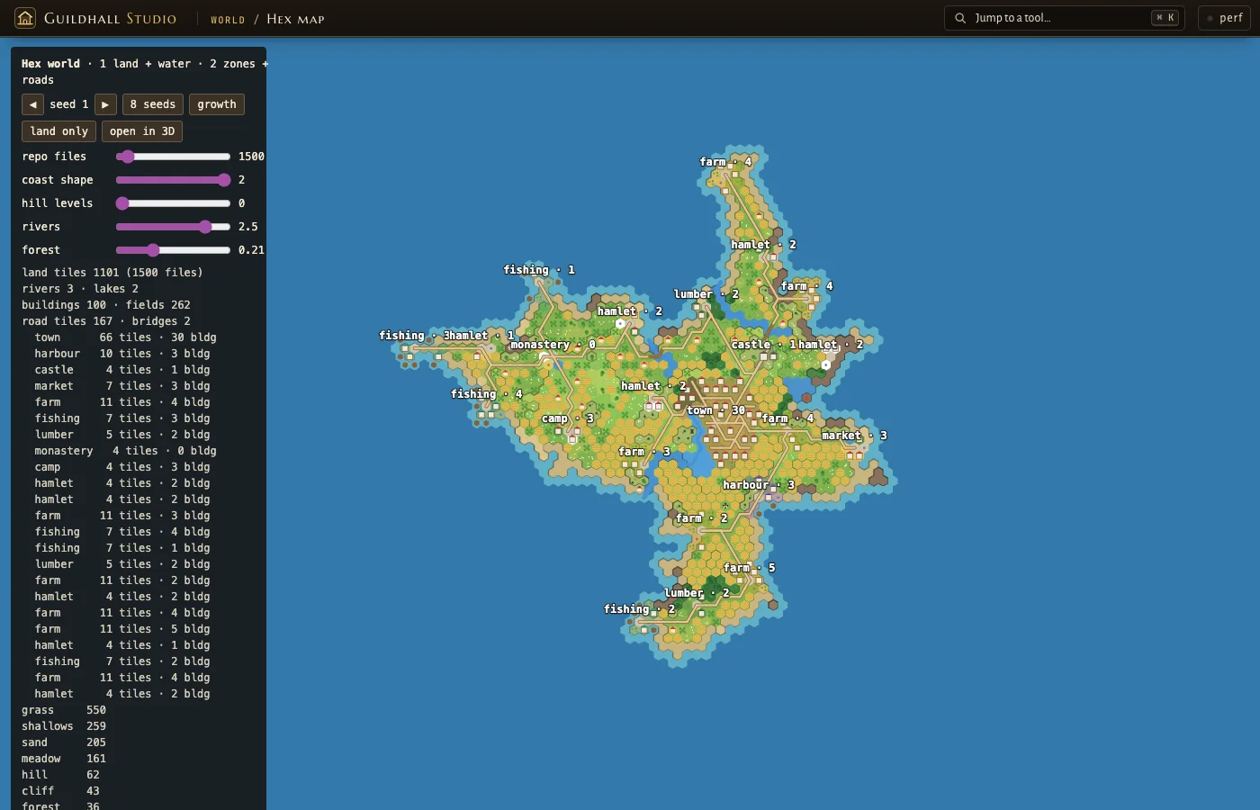 The Studio hex map: a 2D hex island with labelled places and a panel of sliders set to coast shape 2, hill levels 0 and rivers 2.5