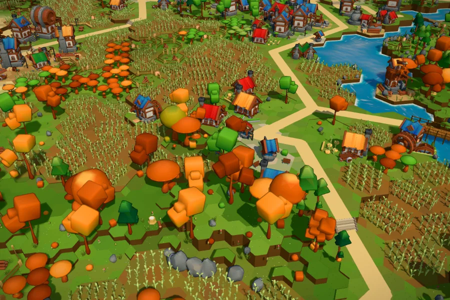 Autumn region: orange and red trees around fields and houses