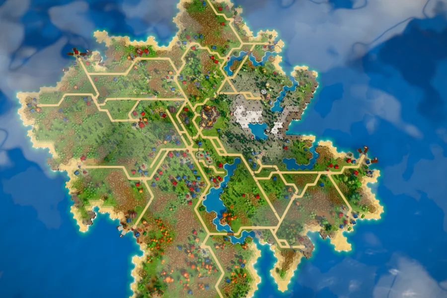 A whole island from above: green land with a grey and snowy highland near the middle and orange autumn woods in the south
