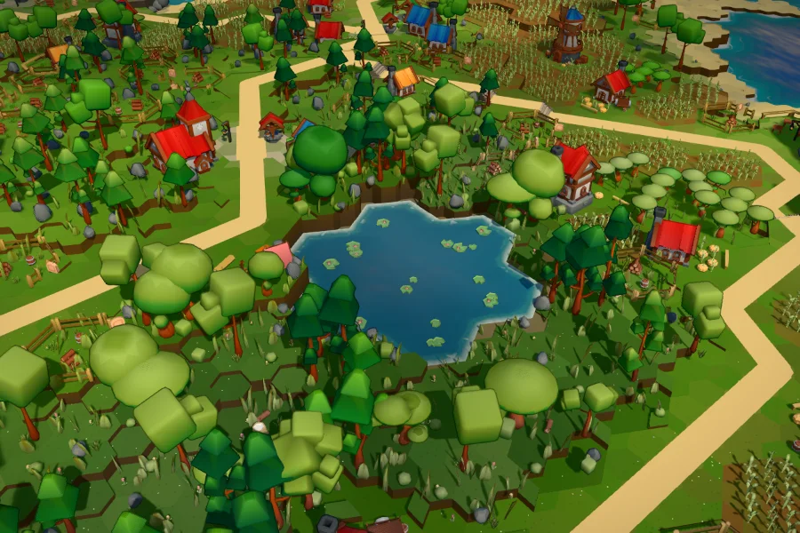 Marsh region: a lily pond surrounded by pale green trees