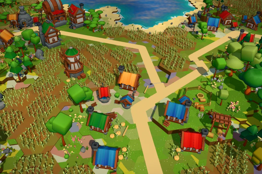 Meadow region: flower-coloured ground hexes among fields and houses