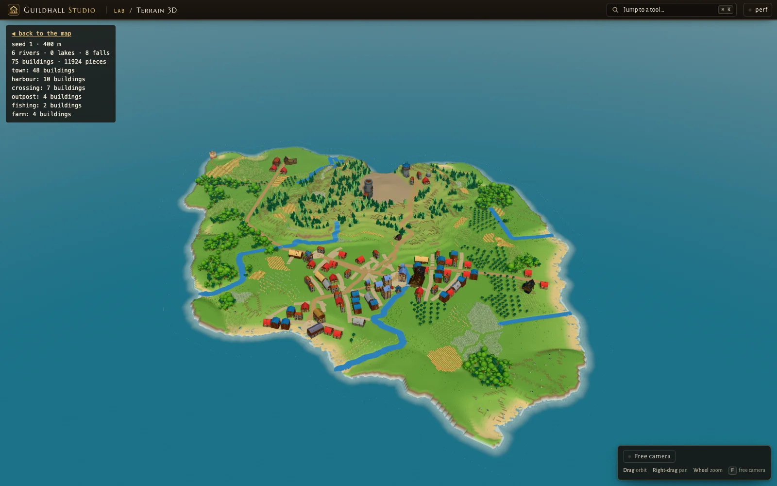 The V2 smooth-terrain island: a flat green blob with a small town in the middle, thin blue rivers and large empty grass areas