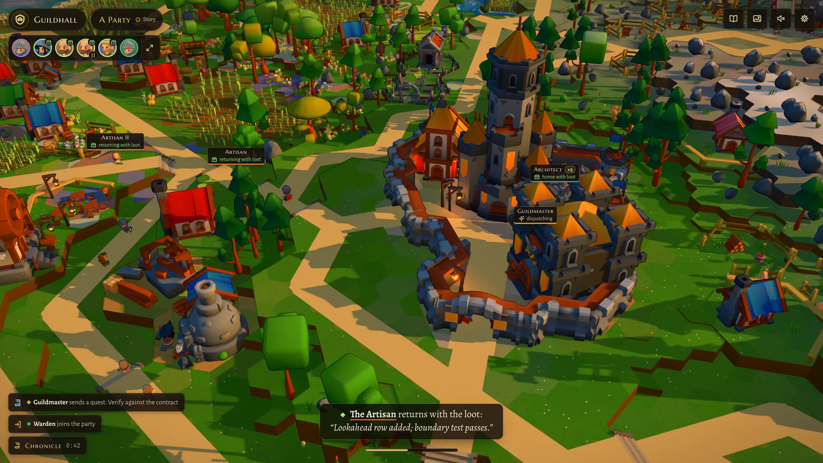 Guildhall's castle at golden hour, with a dark HUD on top: a brand plate and portraits top left, name chips over the heroes, a chronicle list bottom left and a caption at the bottom