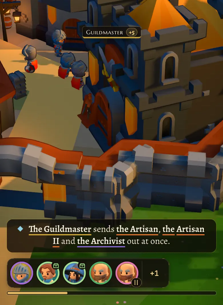 Guildhall on a phone: the castle close up with a Guildmaster chip, a caption reading The Guildmaster sends the Artisan, the Artisan II and the Archivist out at once, and a row of hero portraits