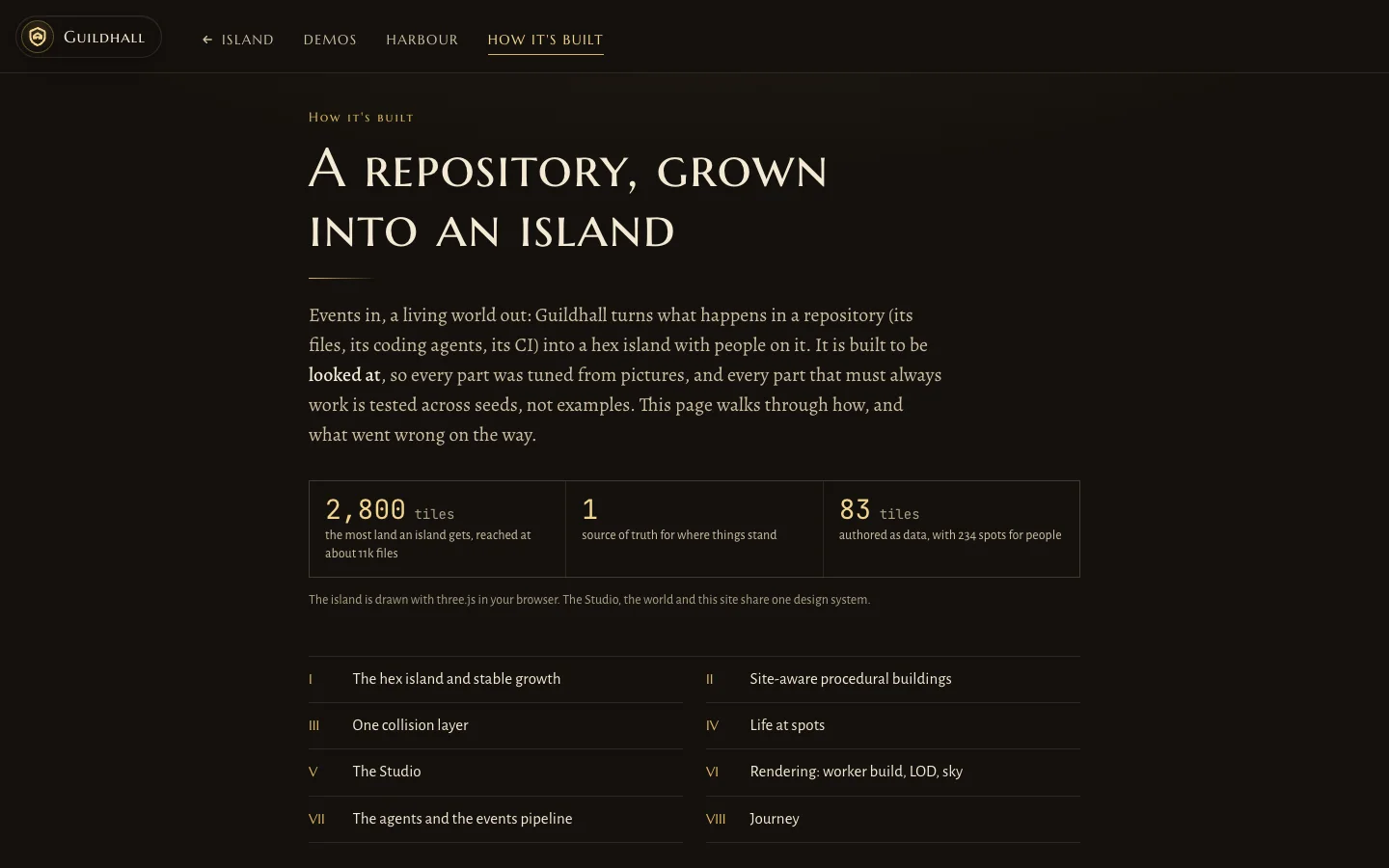 The How it is built page: a title reading A repository, grown into an island, figures and a list of eight chapters