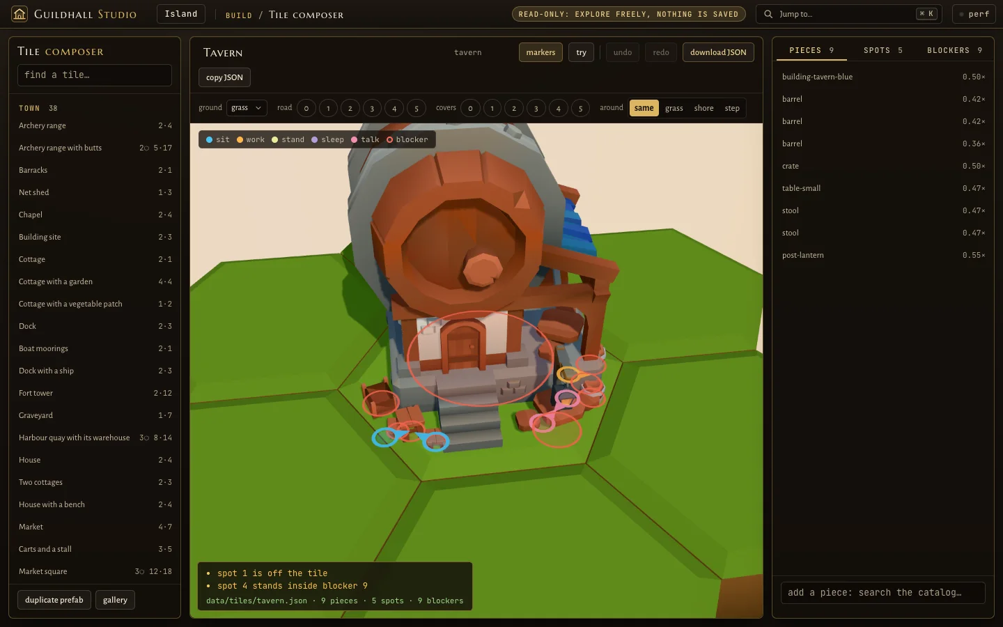 The Tile composer with a tavern tile, coloured rings for its spots and a list of pieces and blockers