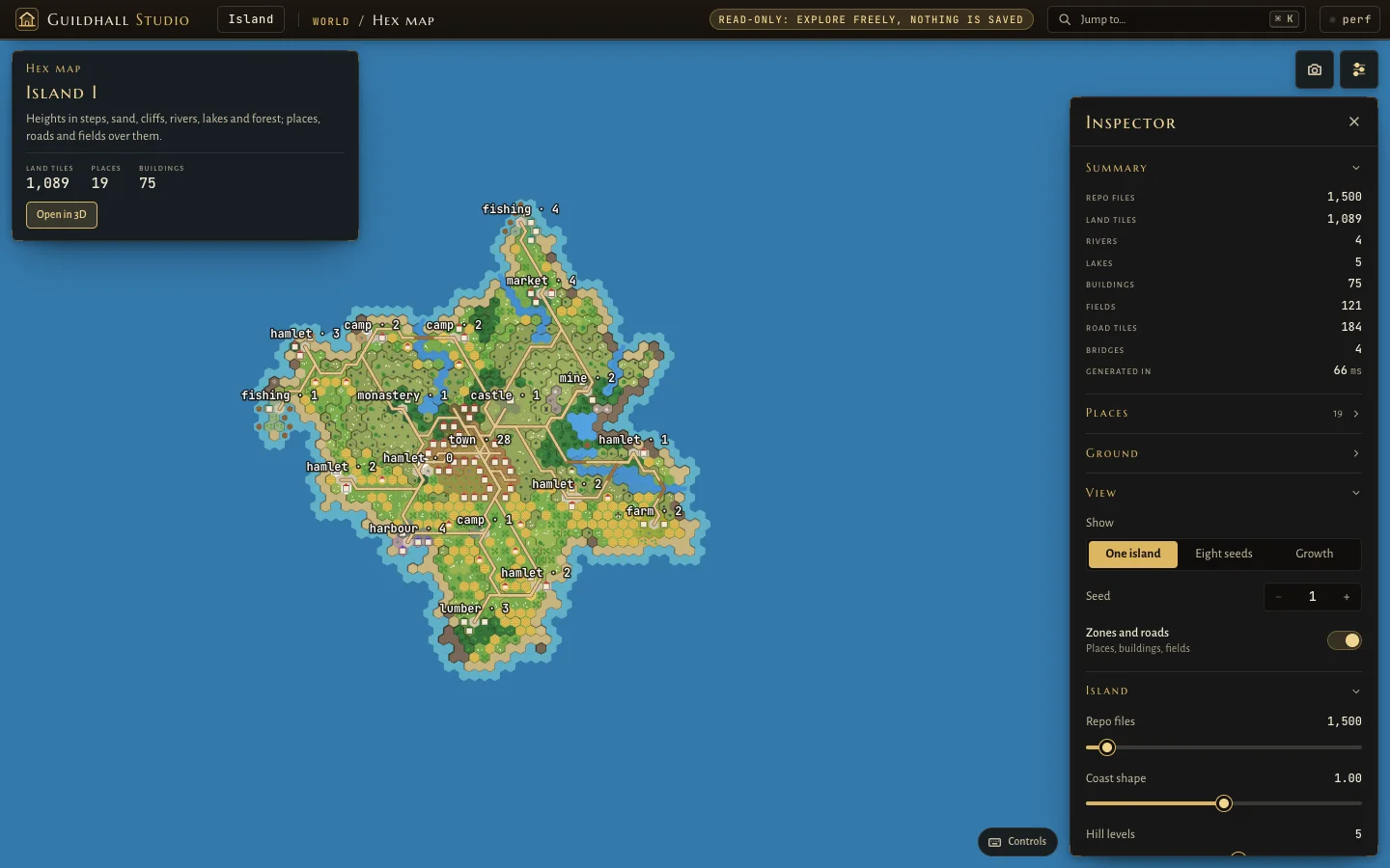 The Hex map: a 2D hex island with labelled places, and an Inspector with summary figures and knobs