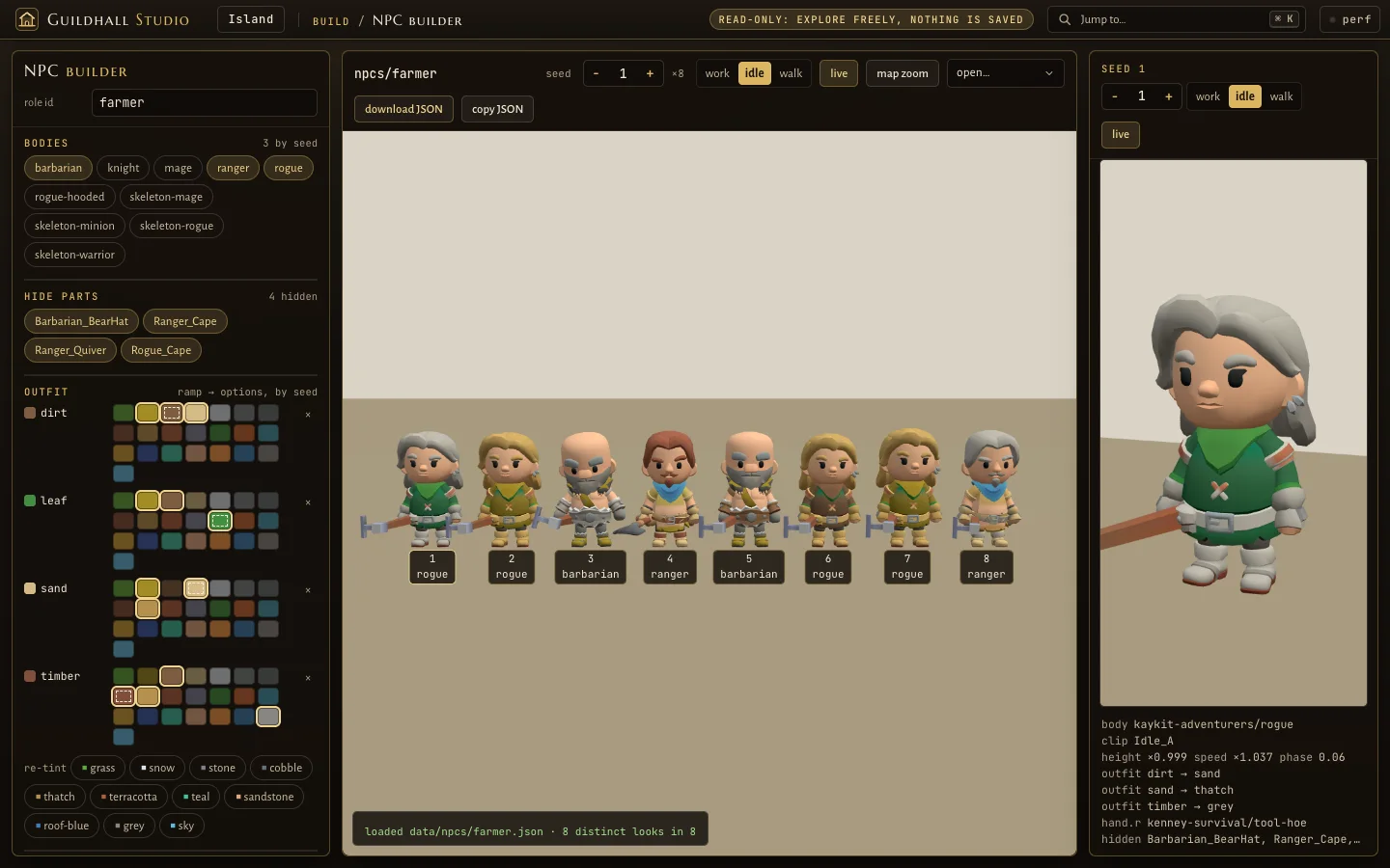 The NPC builder: a row of eight farmers in different outfits and a close-up of one