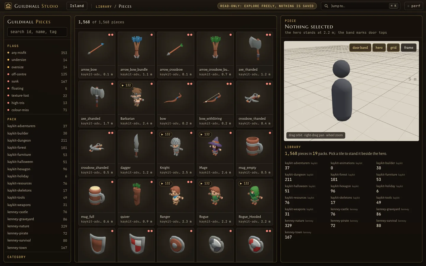 The Pieces browser: a grid of weapons and characters, pack filters on the left, a character silhouette for scale on the right
