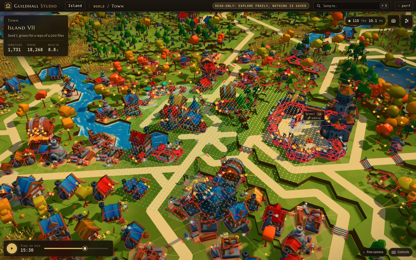 Island VII with the collision layer drawn on top: red outlines round every building and wall, dots for activity spots