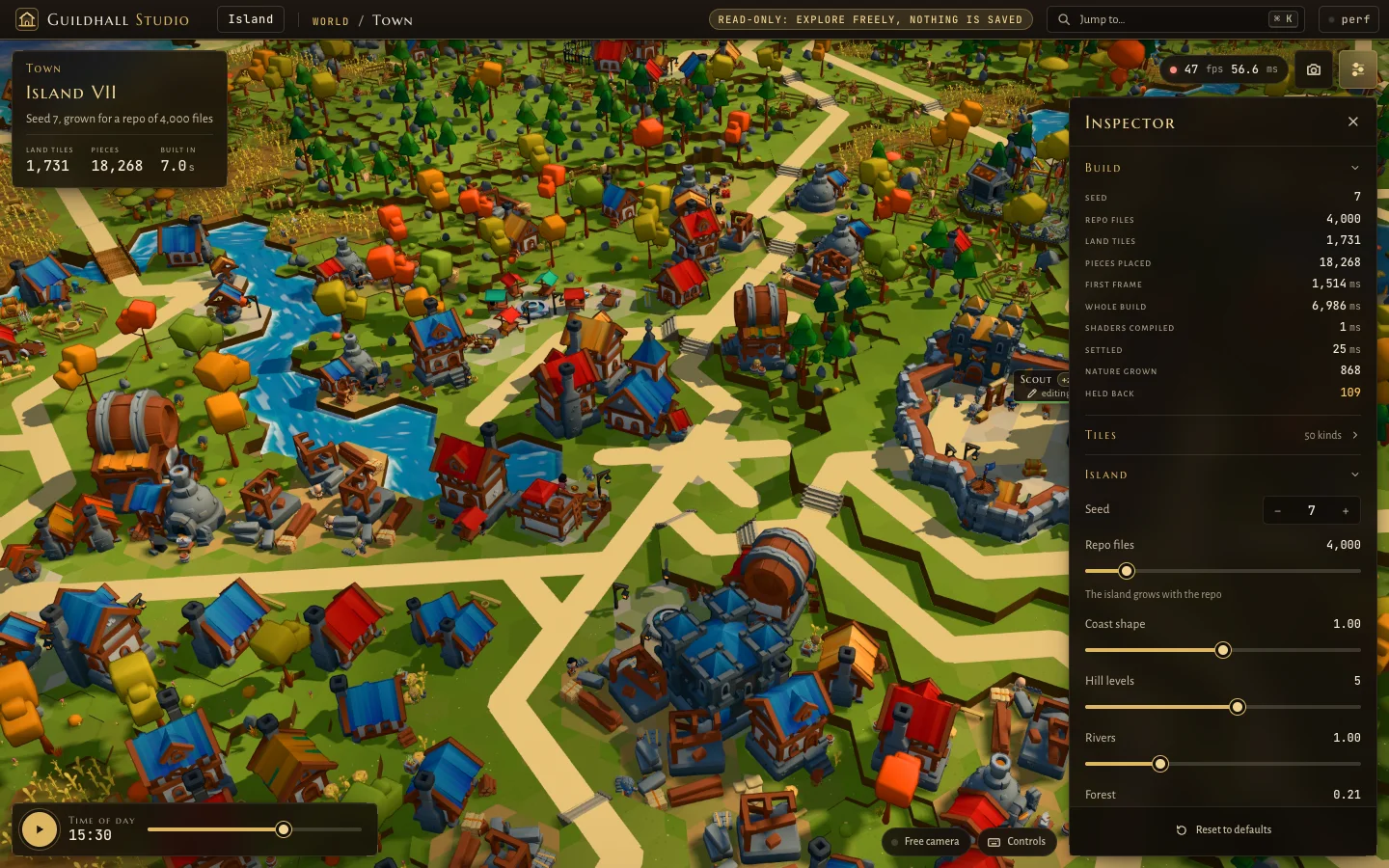 Island VII with the Inspector open on the right: build figures (seed, repo files, land tiles, pieces placed, build times) and sliders for seed, repo files, coast shape, hill levels and rivers