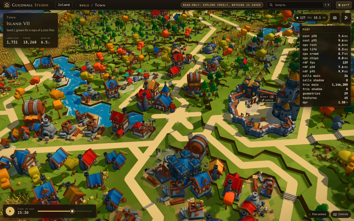Island VII with a PERF panel listing cost, CPU per system, draw calls, triangles and dpr
