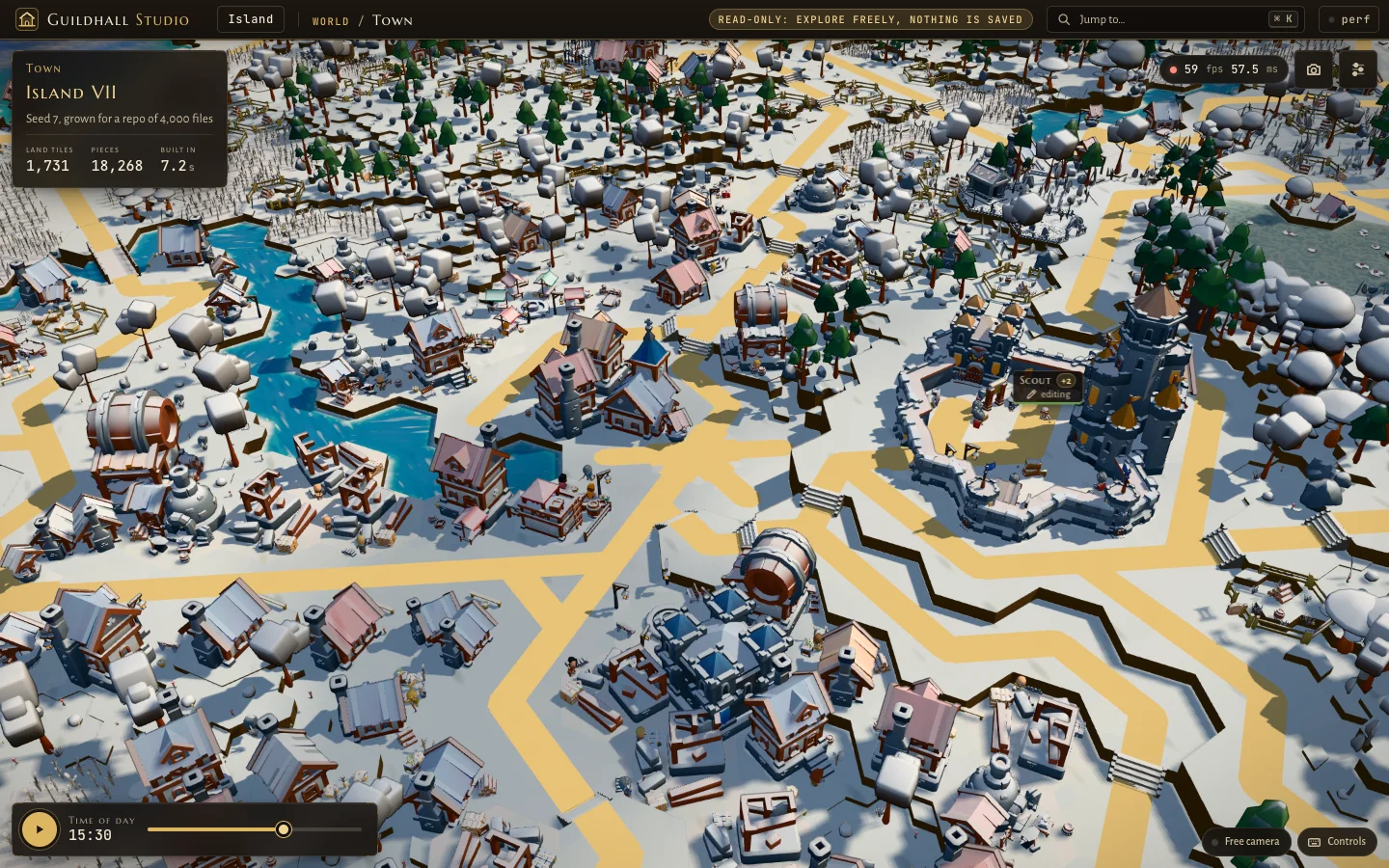 The same Island VII covered in snow, same houses in the same places