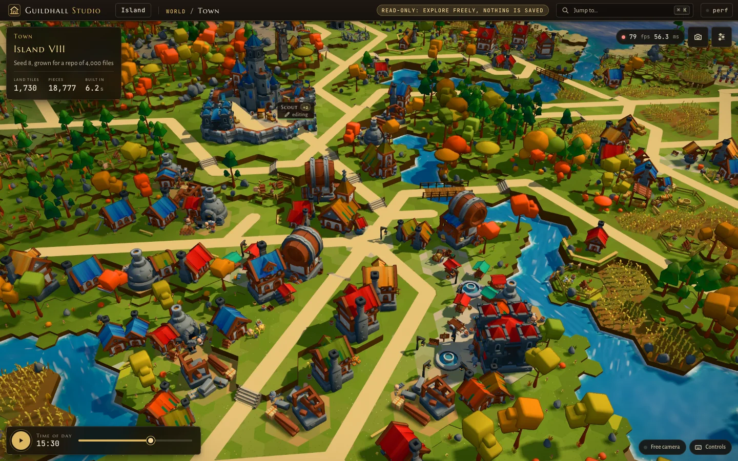 Island VIII, a different layout with the castle at the top left and a river on the right