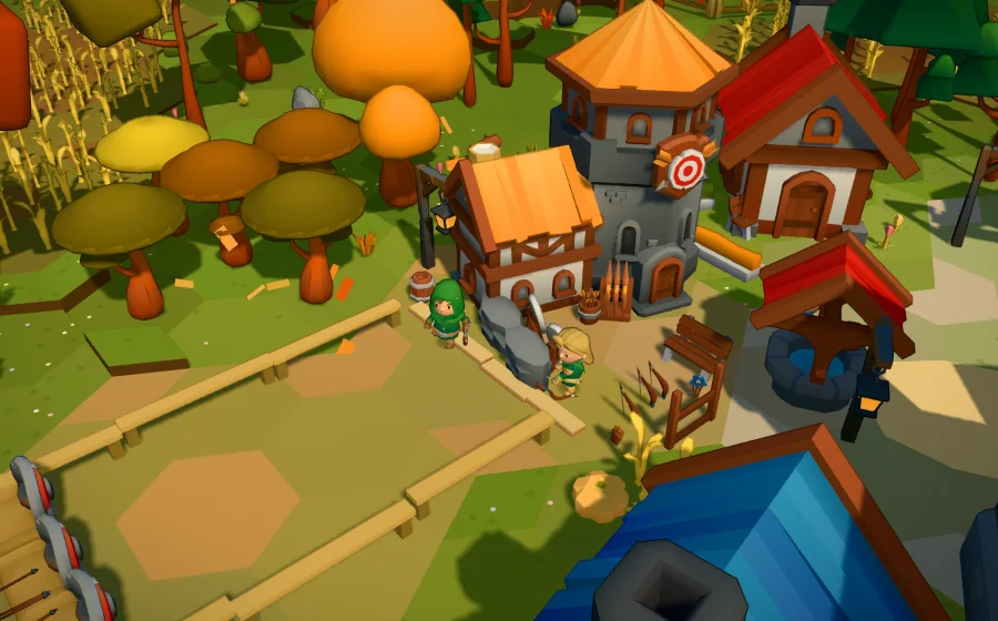 The same archery range at the same moment; the archer in green stands on the planks outside the house