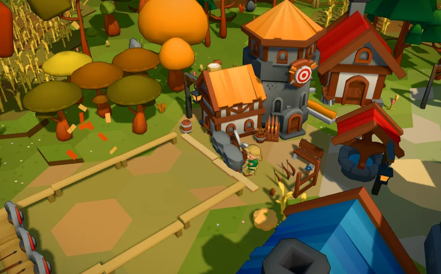 An archery range in autumn; an archer leaving the range is hidden inside the range house