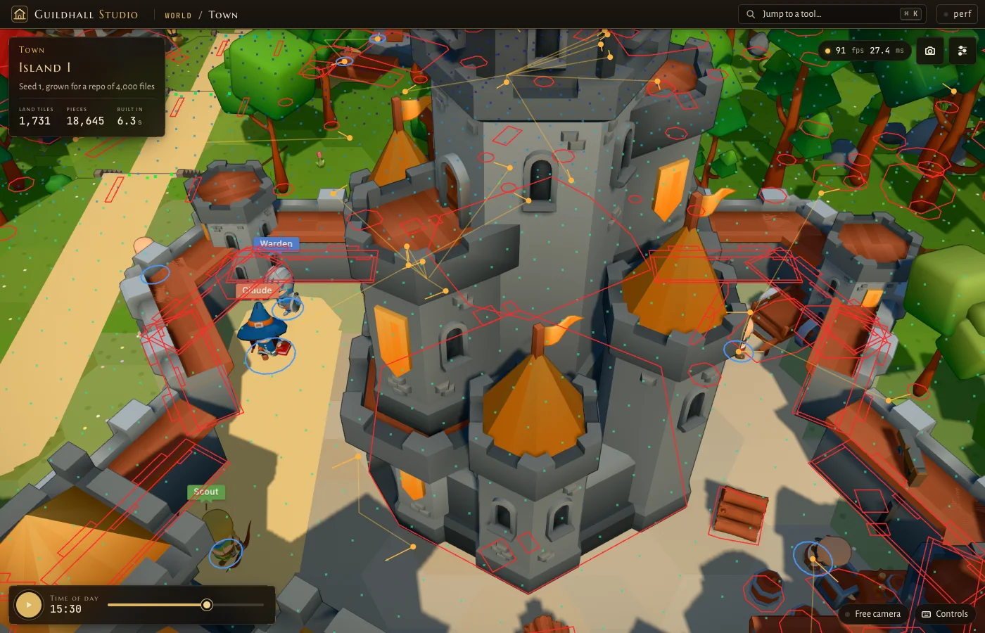 The same castle with tight red outlines that follow each wall, tower and keep, and blue rings round the heroes