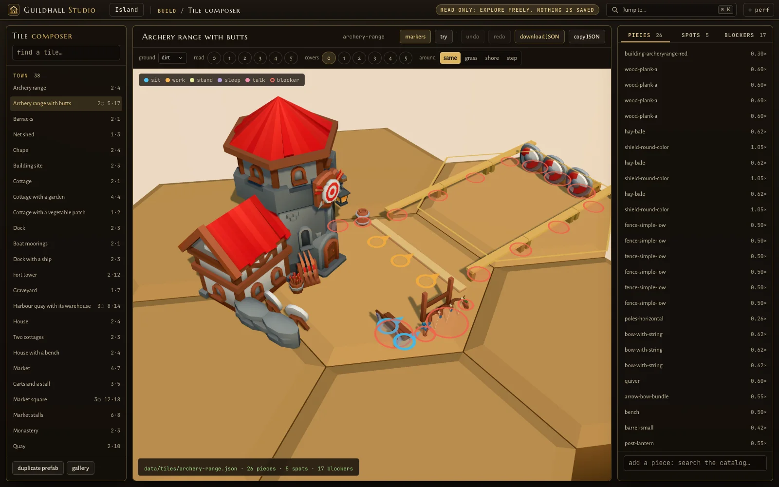The tile composer showing an archery range: a red-roofed range house, a plank lane, three targets on hay bales, and red rings for blockers and orange rings for work spots