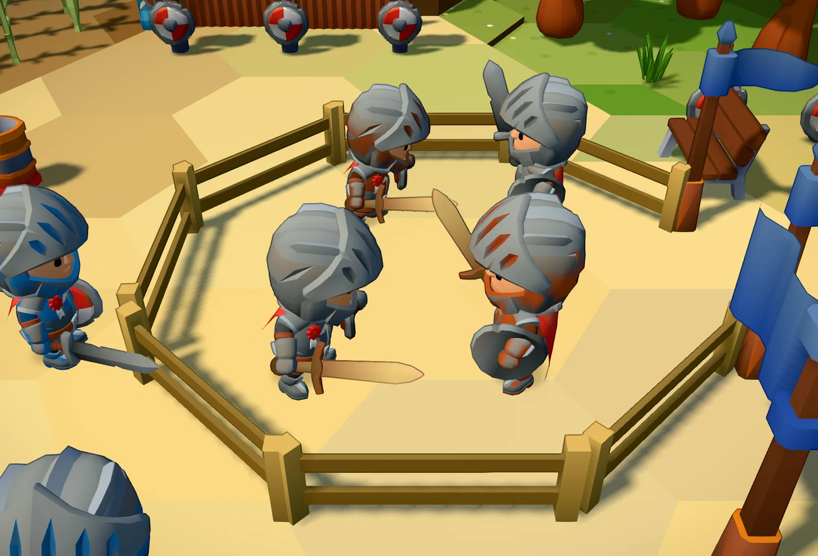 The same arena with two pairs of knights standing apart, swords at reach and a shield raised
