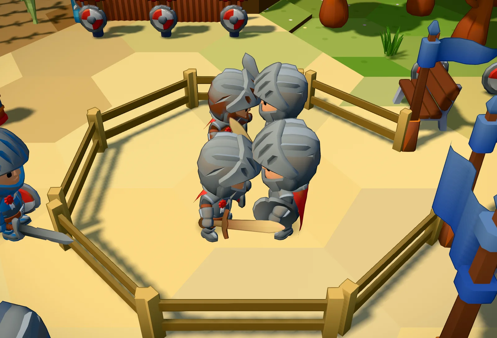 Four knights in a fenced sand arena standing helmet to helmet in a tight cluster
