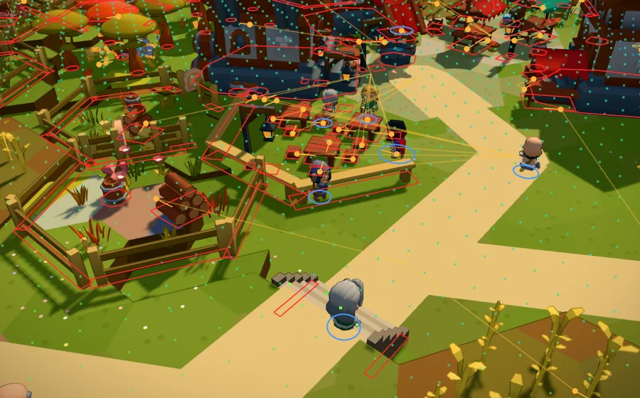 A beer garden with the collision overlay; a lamplighter stands on the garden fence line