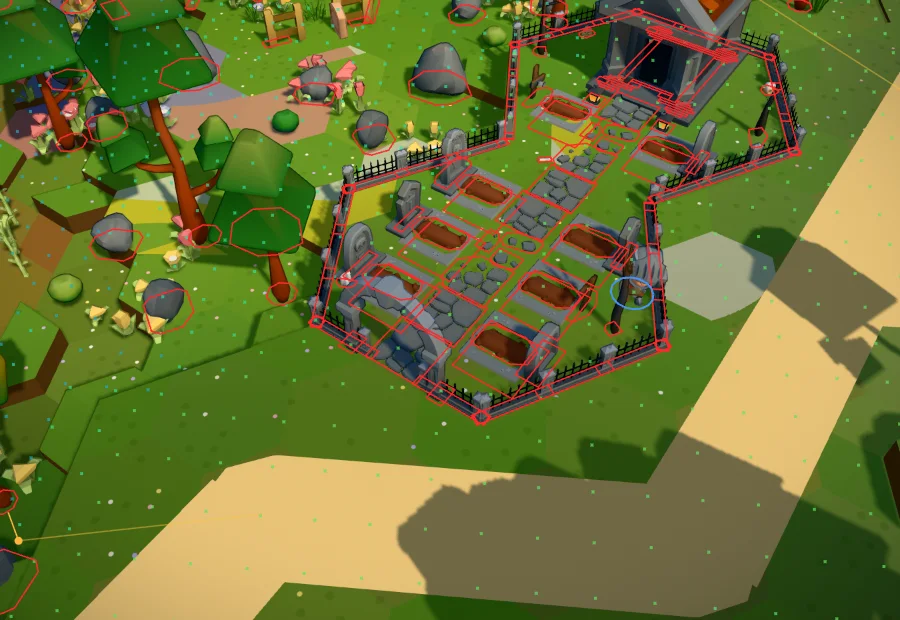 A fenced graveyard with the collision overlay; a hero stands against the fence on the right side, where there is no gate