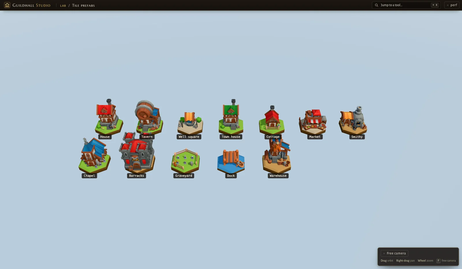 The first hex tile prefabs lined up on a light background