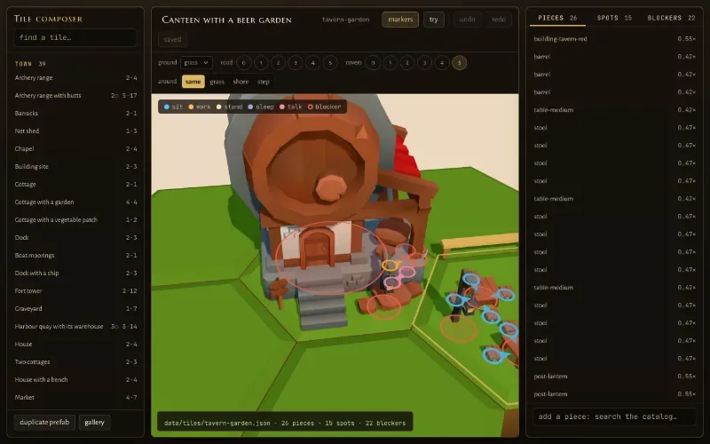 The tile composer: a list of tiles on the left, a 3D canteen tile in the middle, a list of pieces, spots and blockers on the right