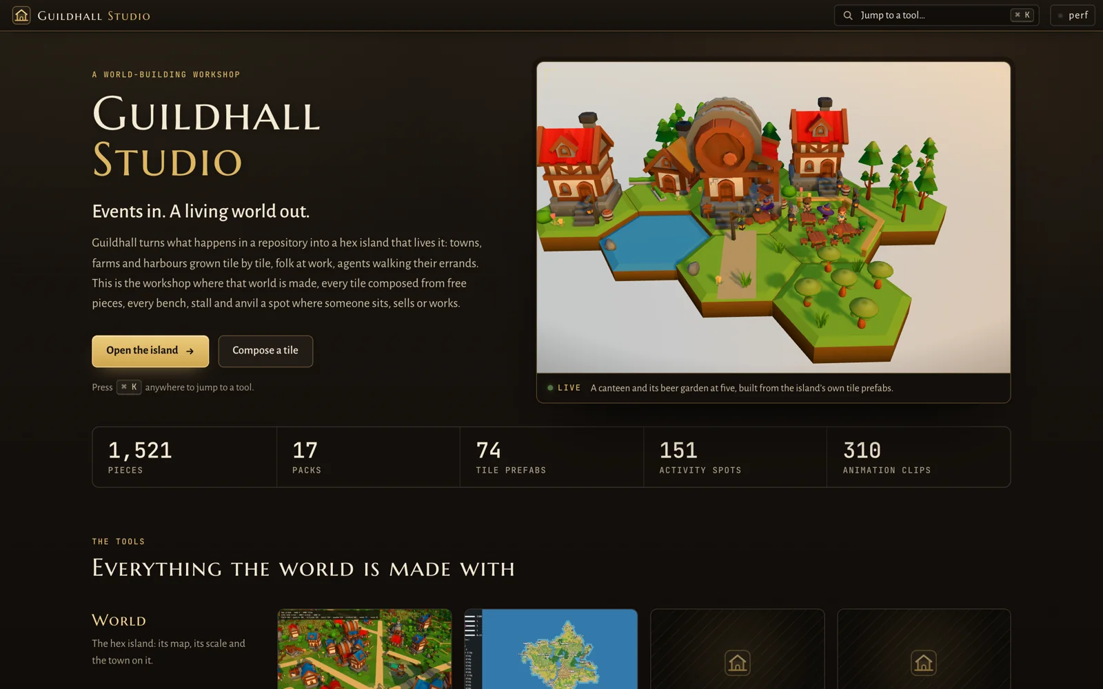 The Guildhall Studio home page: a dark brown workshop page with a live tile preview and counts of pieces, packs, prefabs, spots and clips